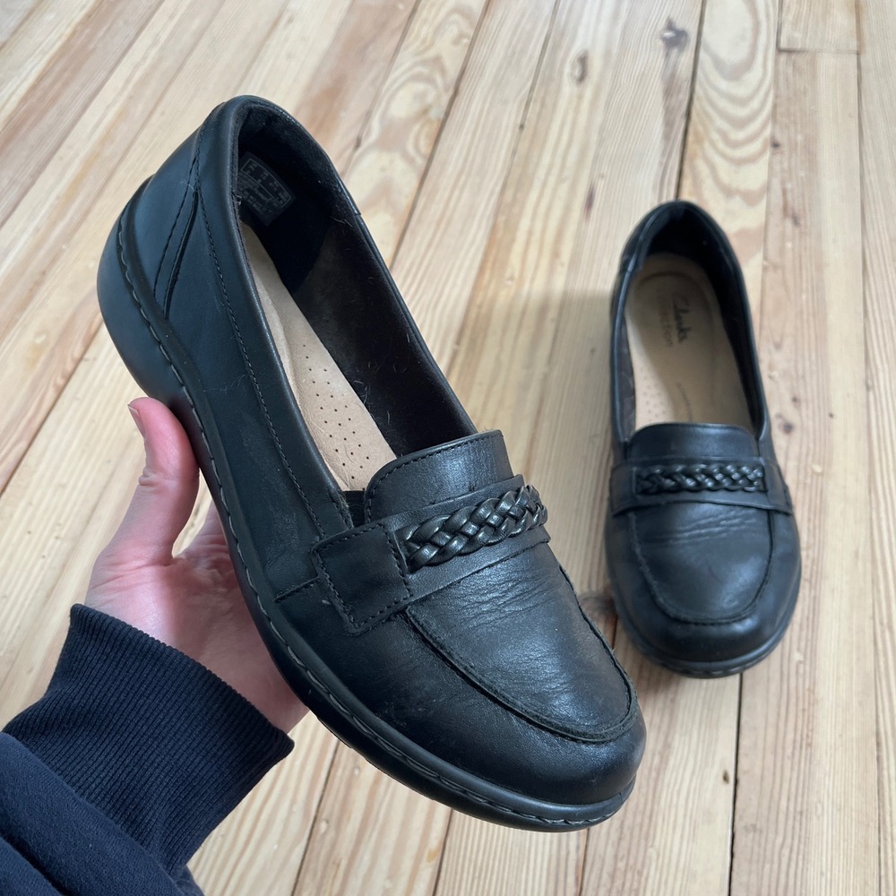 Clarks Collection Black Leather Braided Ultimate Comfort Loafer Womens 10 preppy